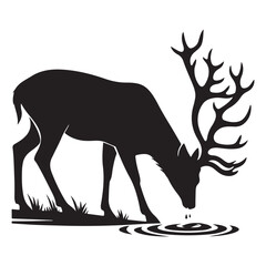 Silhouette of a Deer Drinking Water Vector Illustration Image