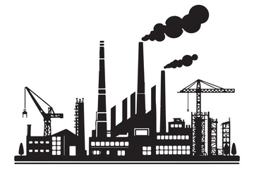 Silhouette of Industrial Factory with Cranes and Chimneys Vector Art