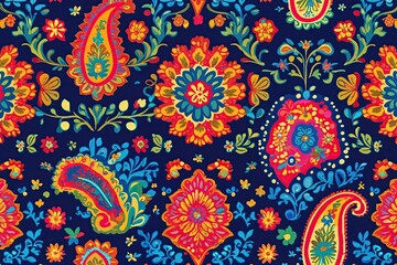 Vibrant Textile-Inspired Pattern with Paisley Motifs and Rich Colors for Crafting and Home Decor