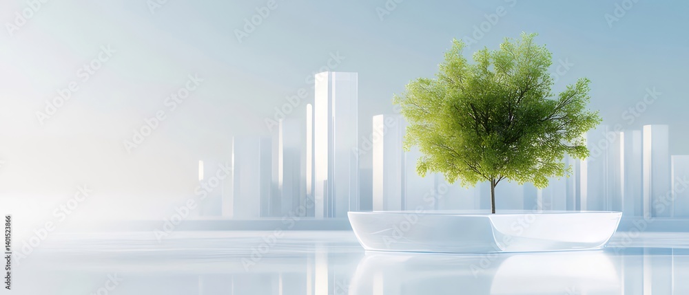 Aufkleber 都市の緑豊かな木と白い構造物 抽象的な3dレンダリング 現代的な環境と持続可能性の概念