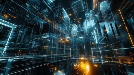 Digital Metropolis: A futuristic cityscape of glowing lines and geometric structures