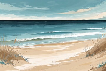 Subtle Abstract Seascape Illustration with Beige Sandy Shores and Azure Sea for Calming Beach Decor