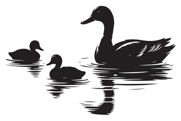 Silhouette of Mother Duck with Ducklings Vector Illustration Graphic
