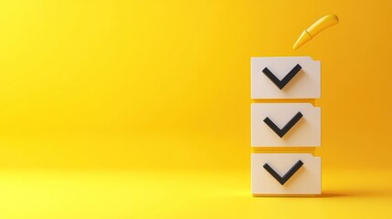 Yellow Background with 3D Checklist Icons: Stacked Check Marks Conveying Survey Concepts, Evaluation, and Quality Assurance