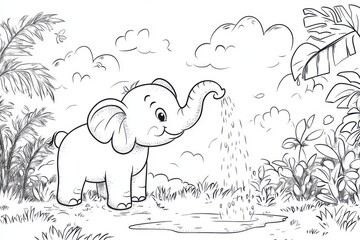 Obraz premium Elephant spraying water in jungle outline coloring page style