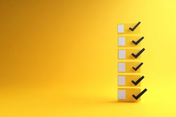 Yellow Background with Checklist Icons: A 3D Rendered Survey Concept Featuring Stacked Checkmarks