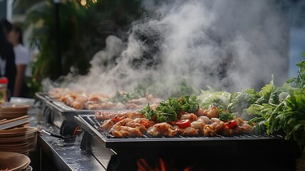 Close up of food grilling with smoke and vegetables on a barbecue at an outdoor event or restaurant