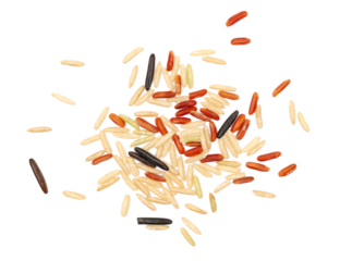 Wild mix rice, red, brown and basmati isolated on white, top view