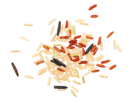 Wild mix rice, red, brown and basmati isolated on white, top view