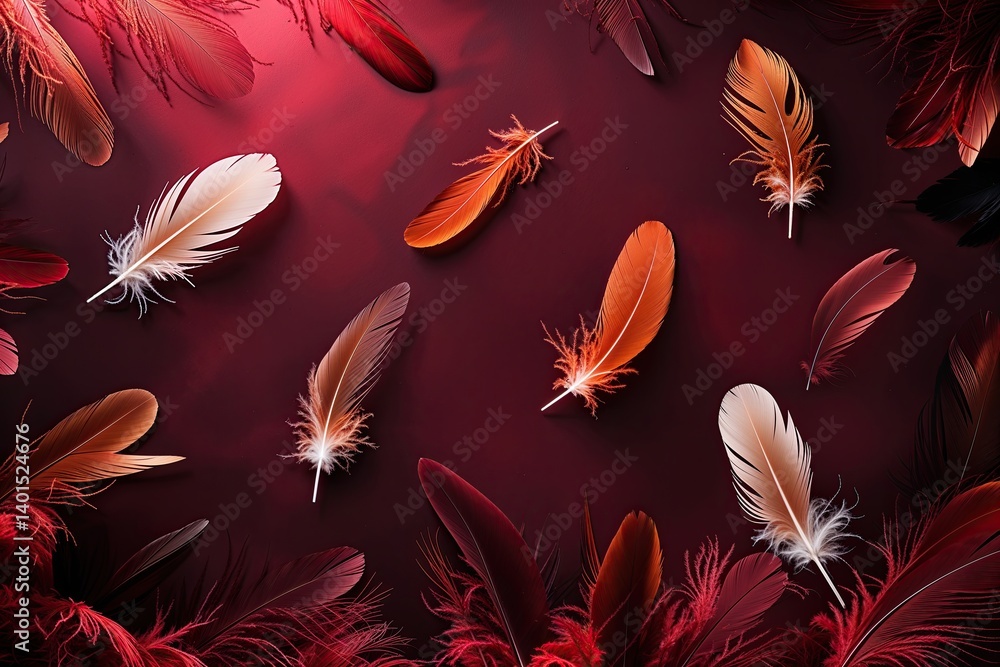 Poster vibrant deep crimson background with graceful floating feathers in dynamic arrangement