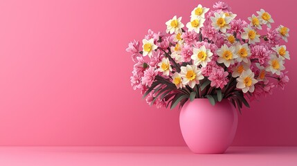 Fototapeta premium Pink Delight: A Vibrant Bouquet of Daffodils and Carnations in a Pink Vase