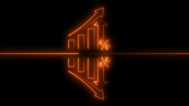 Neon line Percentage icon Quality control growth graph and cost reduction animation concept. Percentage quality with up arrow, cost with down arrow.