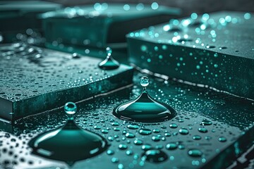 Glistening Teal Textures Featuring Striking Drops in a Dark Atmosphere