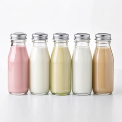Set of colorful milk bottles on white background