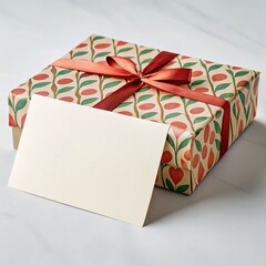 decorative gift box with ribbon and blank card on marble background