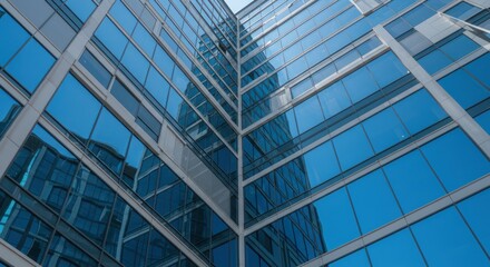 Tall building exterior with blue glass windows reflecting the sky.
