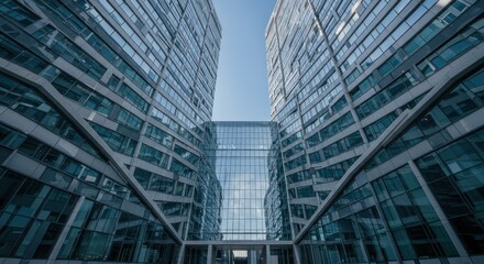 Fototapeta premium Modern glass office buildings with a walkway against a blue sky.