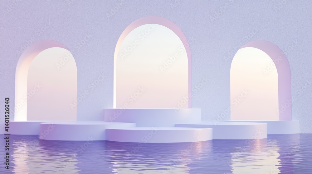 Aufkleber beautiful minimalist architecture featuring circular platforms over tranquil water with sunlight ref