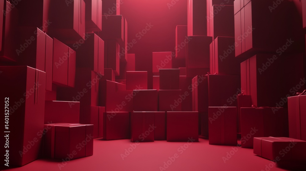 Poster dark red abstract space filled with various box shapes creating an atmospheric and mysterious enviro