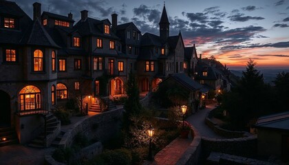 beautiful mansion with lit windows during twilight