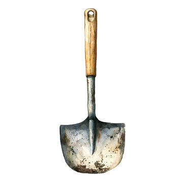 recommend clip art: Garden shovel watercolor illustration isolated on transparent background. Gardening tool equipment. Gardening beginning, spring and summer garden concept. PNG, cutout.