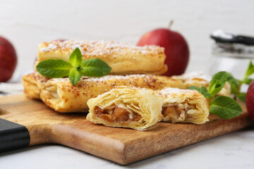 Tasty apple strudels with powdered sugar and mint on white marble table, closeup