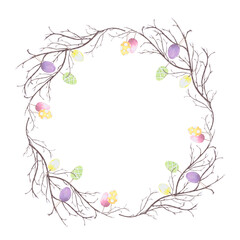 Frame of willow branches with Easter colored eggs on strings , watercolor illustration isolated on white. Branches and eggs hand drawn in pastel tones for Easter cards, packaging and festive decor