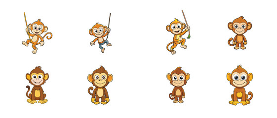 Fototapeta premium Adorable Cartoon Monkeys Collection: Playful Poses, Swinging, Sitting, and Standing Illustrations for Children's Books, Websites, and More