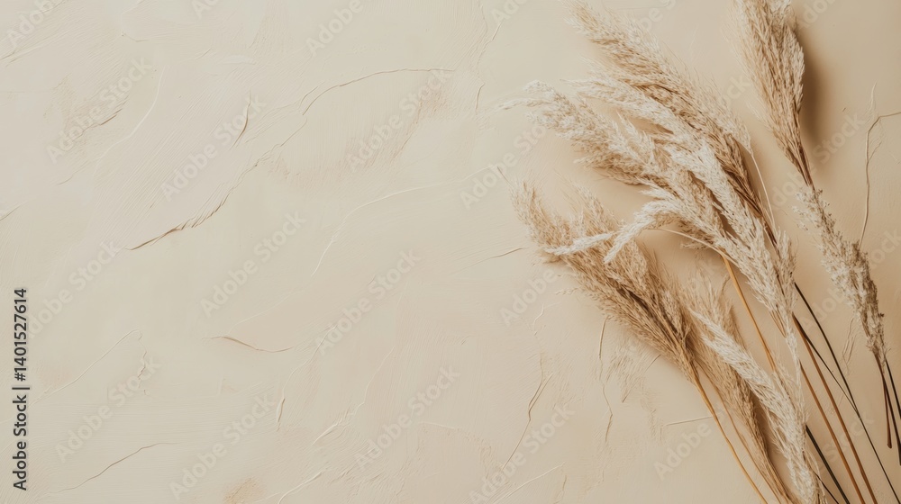 Poster soft beige background with dried grass placed elegantly, creating a tranquil and warm atmosphere in 