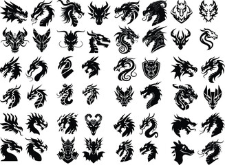 Dragon Head Silhouette Vector Illustration Mythical Dragon Face Black Silhouette Set