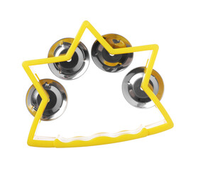 Yellow toy tambourine isolated on white. Child's musical instrument