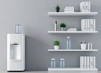 White modern water cooler and office shelves with stationery against a gray wall, copy space for text