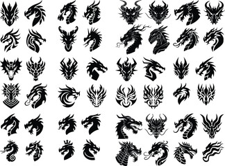 Dragon Head Silhouette Vector Illustration Mythical Dragon Face Black Silhouette Set