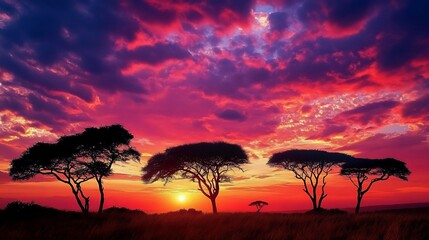 African Sunset Silhouette: Majestic Trees under a Dramatic Sky