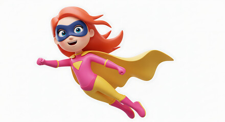 Fototapeta premium Cartoon girl superhero flying through the air with her cape billowing behind her, isolated on white background.