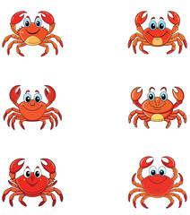 Six Adorable Cartoon Crabs, Happy Expressions, Red Shell, Ocean Animals, Sea Life, Marine Creatures,  Perfect for Children's Designs, Illustrations, and Educational Materials