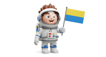 Obraz premium Cartoon astronaut celebrating on a white background. Space exploration and discovery concept. The astronaut has flag with blue and yellow colors.