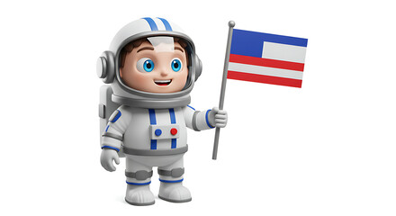 Astronaut cartoon character proudly holding a flag with blue and red stripes, symbolizing space exploration and national pride.
