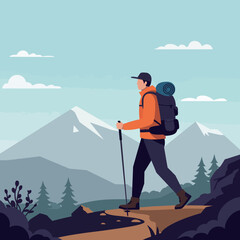 A hiker with a backpack walking along a mountain trail in a flat vector illustration with scenic peaks and a serene atmosphere in nature vector art