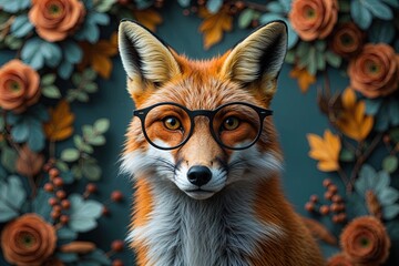 Obraz premium Charming Portrait of a Clever Fox Wearing Glasses Against a Magical Background