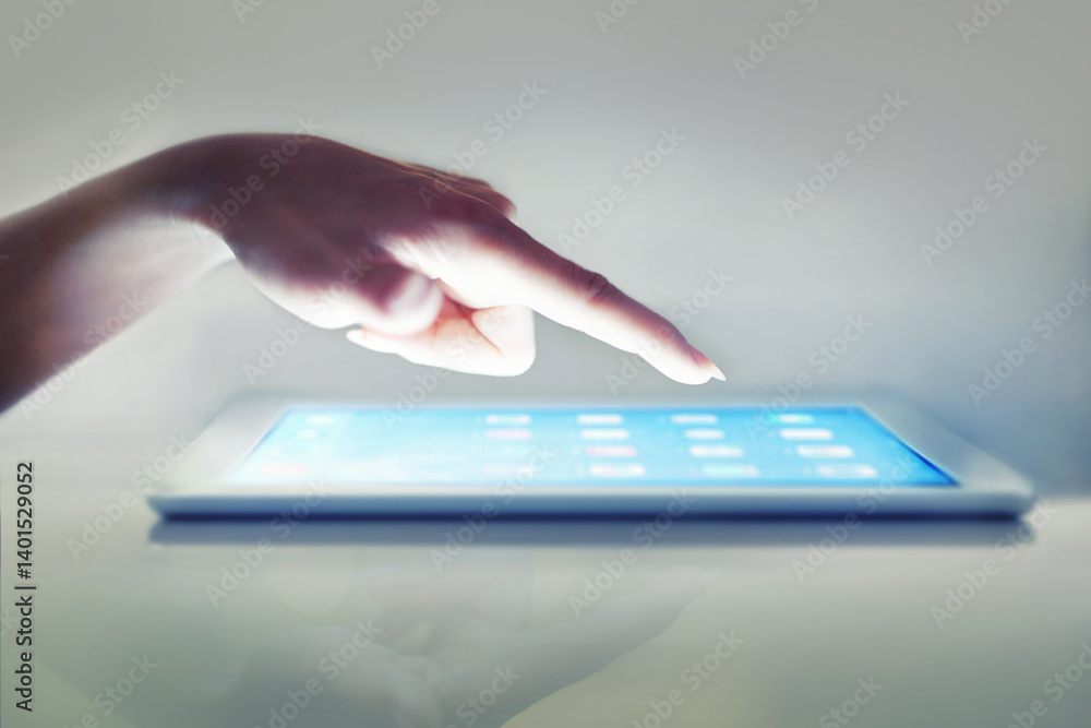 Poster finger, tablet and click on screen in closeup for application, ui and choice for dashboard, internet
