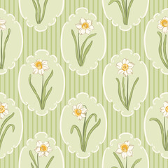 Vintage daffodil medallion vector seamless pattern with scalloped cameo frames and striped background. Delicate spring garden floral print for botanical cottage Easter textiles and fresh country decor