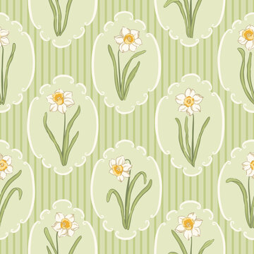 Vintage daffodil medallion vector seamless pattern with scalloped cameo frames and striped background. Delicate spring garden floral print for botanical cottage Easter textiles and fresh country decor
