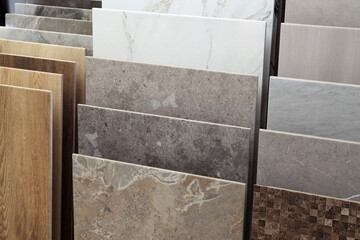 Many different samples of tiles on display in store
