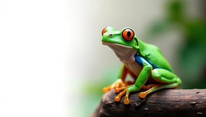 Green tree frog perched on white, vibrant colors, fauna, bright, stock photo