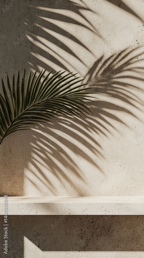 Poster shadows of palm leaves create a serene and artistic display on a textured wall during the golden hou