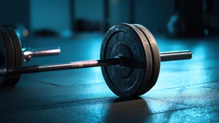 Barbell with weights on gym floor in dim blue lighting, fitness and strength training concept.