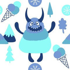 Winter monsters seamless Christmas yeti pattern for wrapping paper and fabrics