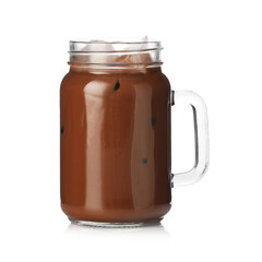 Tasty chocolate milk in mason jar isolated on white