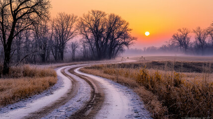 A winding dirt road disappears into a hazy sunrise over a frost-covered winter field with leafless trees lining the path creating a serene and peaceful winter landscape.